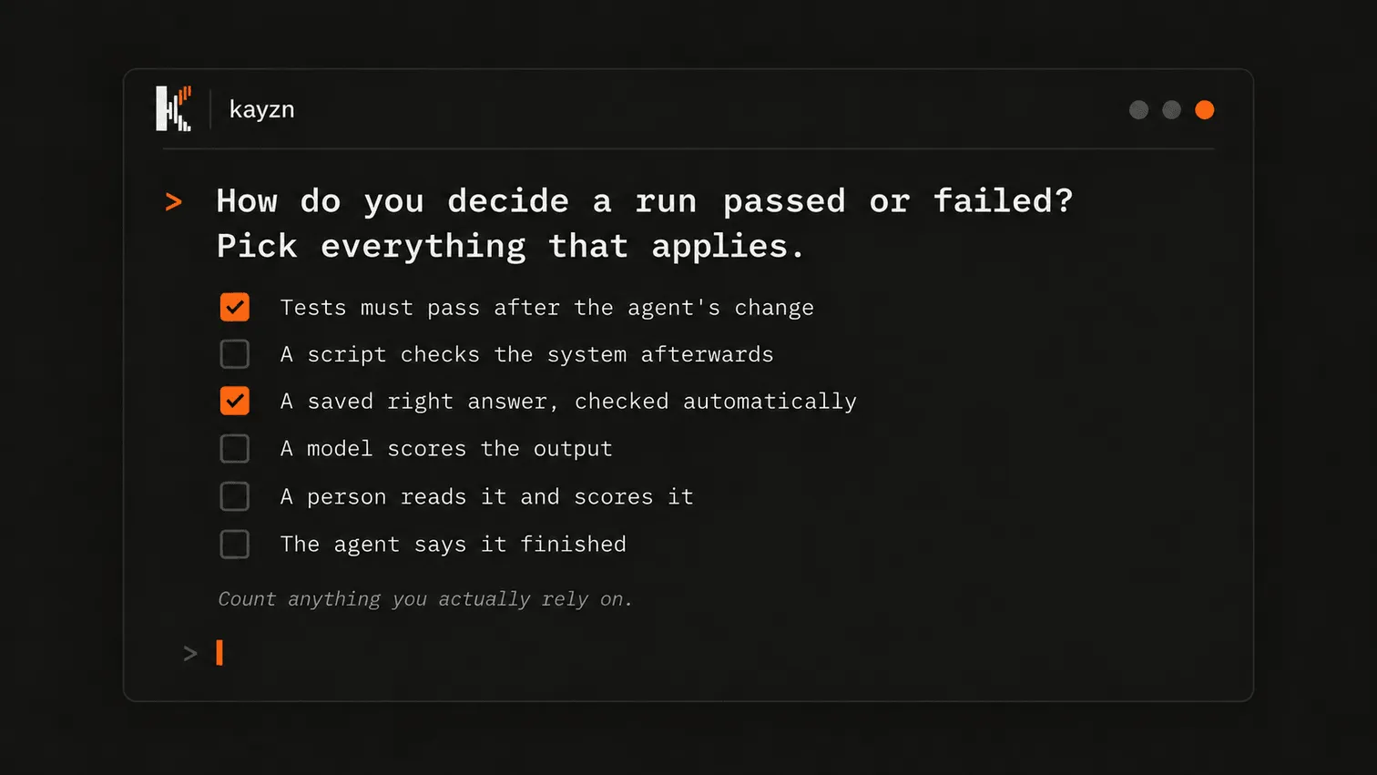 An interview question asking how you decide a run passed or failed, with six options and two of them ticked